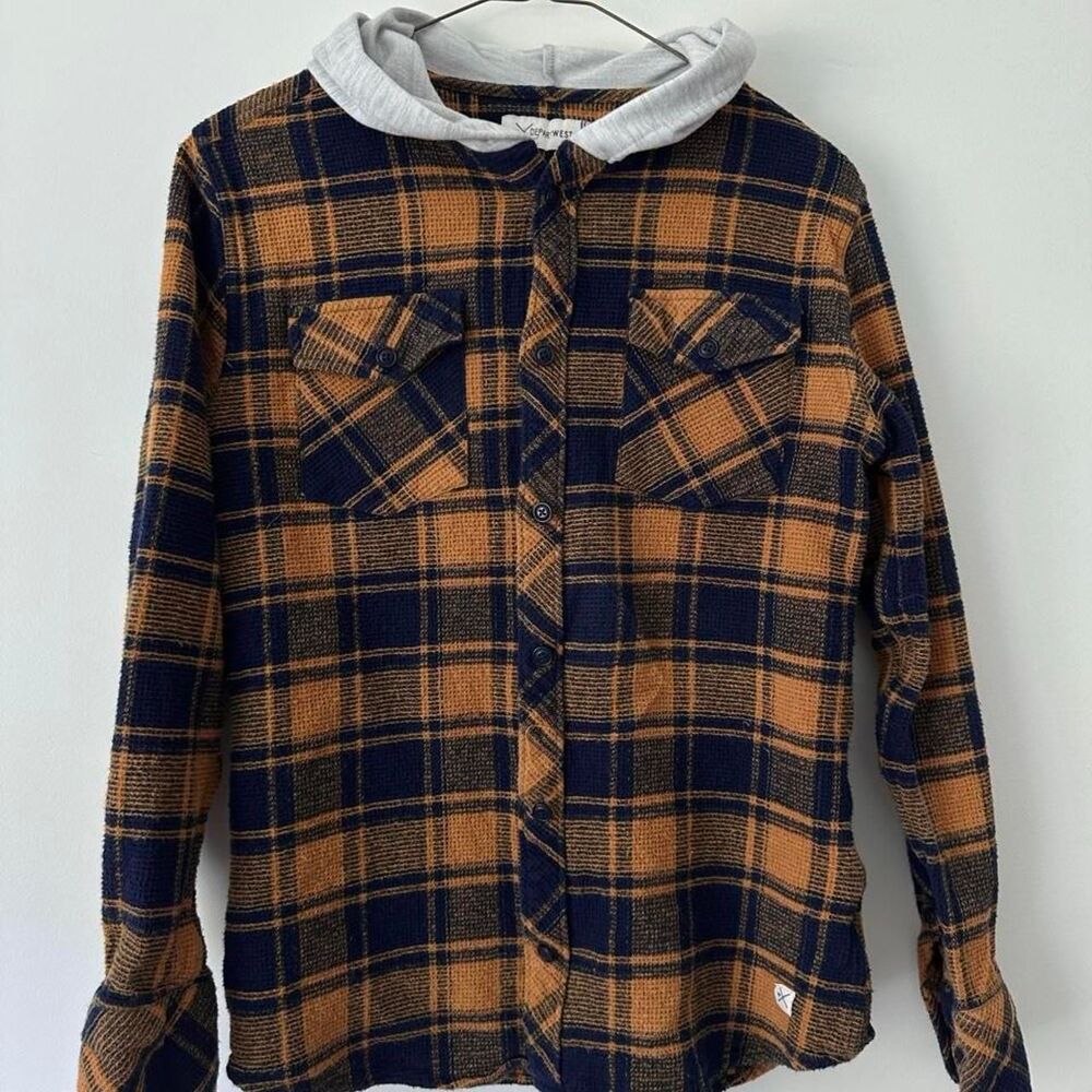 Departwest navy and orange plaid flannel shirt with hoodie Medium